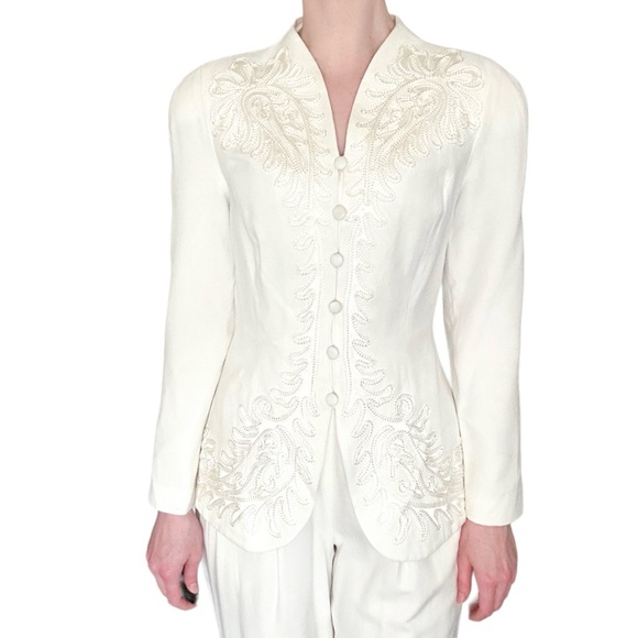 Vintage Jackets & Blazers - Vintage Marie St. Claire Embroidered Ivory White Cream Suit Jacket Blazer Button